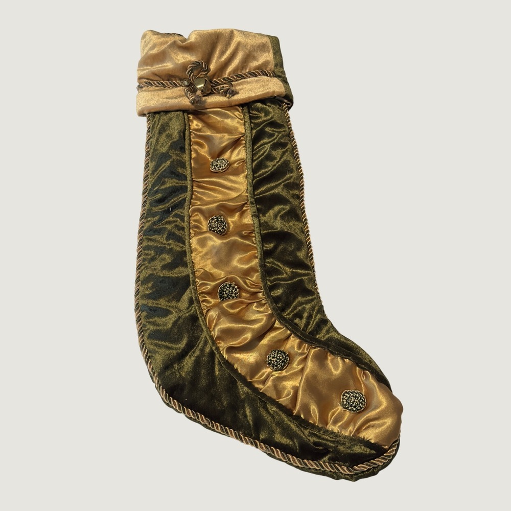 Villa Bacci? Christmas Stocking Green Gold Velvet Satin Vintage 22x10 Regal